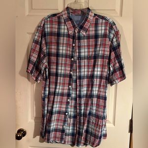 Izod Saltwater, mens button down short sleeve Shirt, size XLT, blue pink plaid